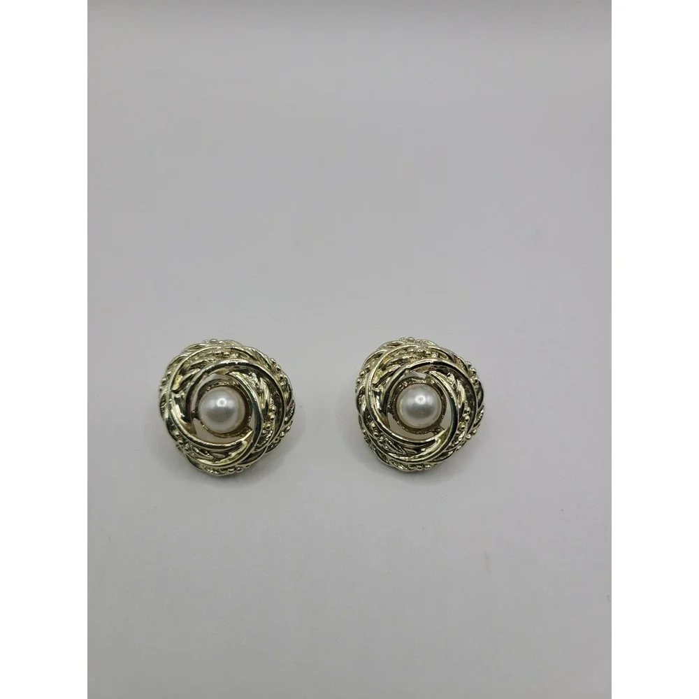Gold Tone Swirl Knot Faux Pearl Stud Earrings Vintage Textured Rope Post Earring